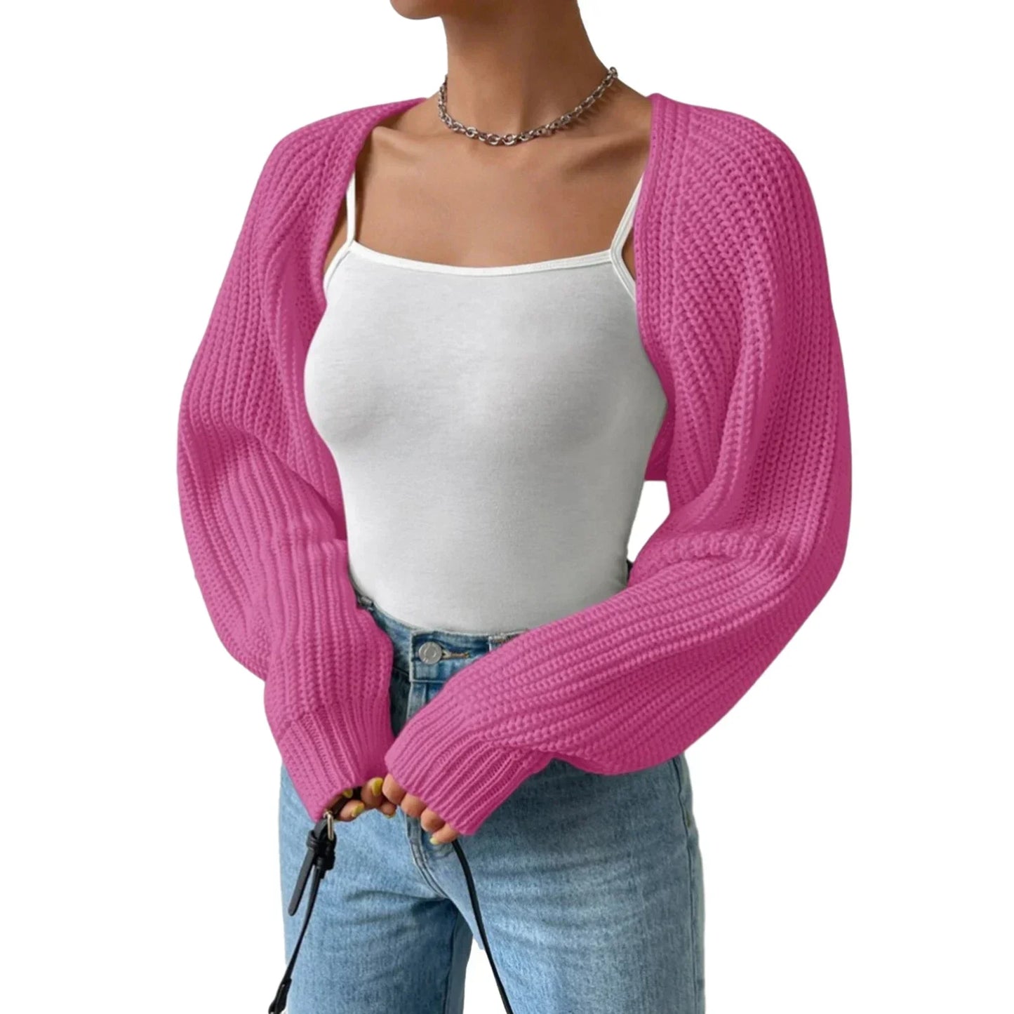 Women's Fashion Open Front Crochet Cardigan Casual Long Sleeve Solid Color Sweater Ribbed Knit Shrug Sweater Bolero Tops.