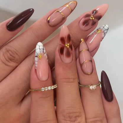 3D Flowers Gold Bead Lace White Daisy Bowknot Long Pointed Fake Nails Art Almond False Nails Press on Nails Charms Manicure Tool