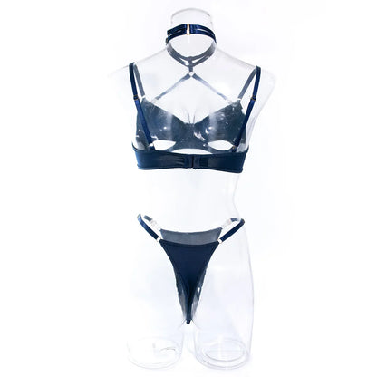 Cut Out Bra and Brief Velvet Erotic Set Women 2-Piece Halter Underwear Patchwork Thong Intimates Sexy Lingerie Pornos Suit Latex