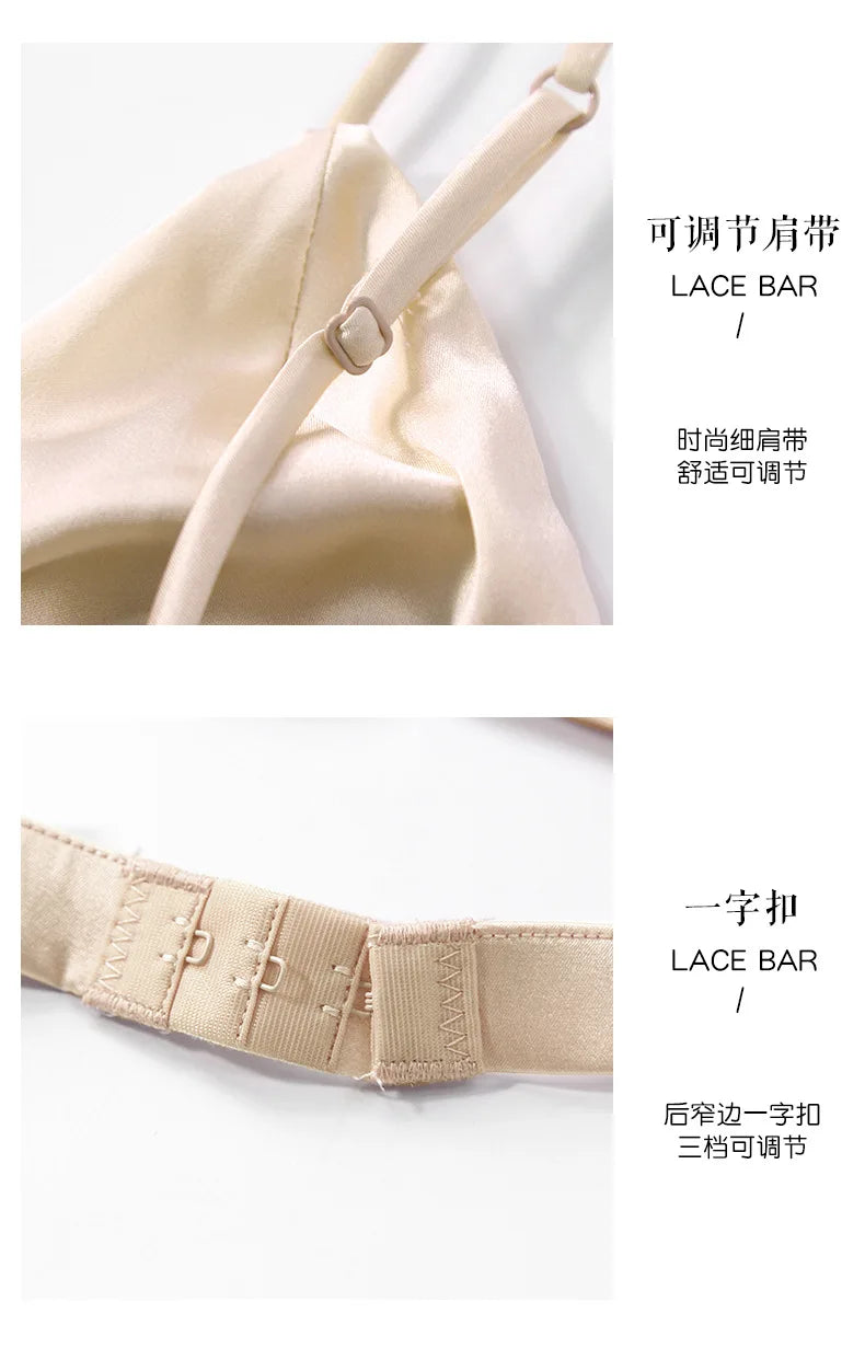 Women French Non-steel Ring Mulberry Silk Bra Thin Breathable Triangle Active Bra Girls' Bra 88% Mulberry Silk+12% Spandex.