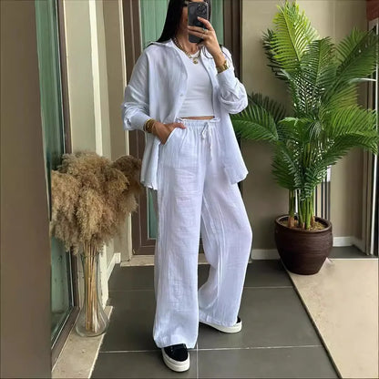 Casual Loose Shirt And Pants Two Piece Sets Women Fashion Solid Long Sleeve Shirts Outfits Autumn Winter Wide Leg Pants Sets.