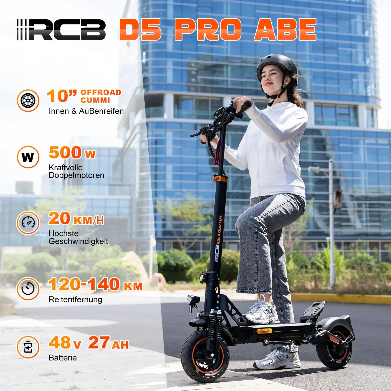 RCB Electric Scooter D5 Pro/D5 (ABE), 48V 27/20.8 Ah Battery, 500W Motor, 10“ Flatproof  Tyre, Dual Shock Absorption E Scooter.