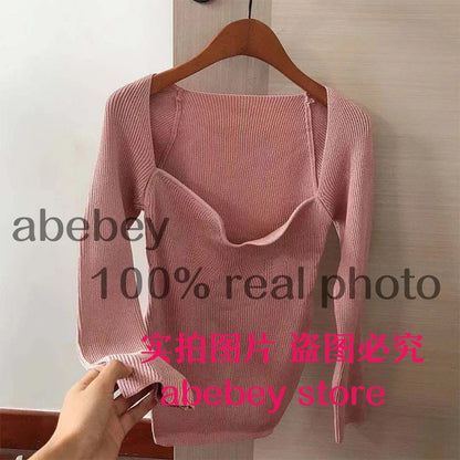 Quadrat Kragen Langarm Frau Pullover Gestrickte Pullover Frauen Frühling Herbst Pullover Winter Tops Für Frauen Schwarz Weiß Jumper