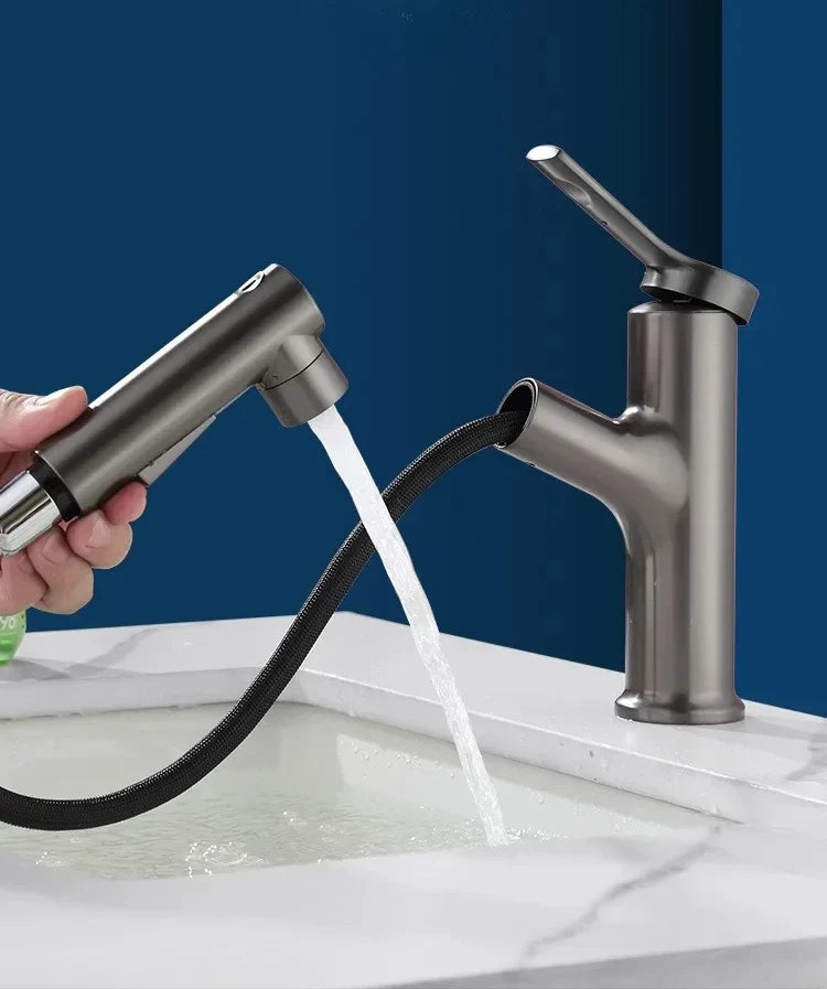 Single Handle Dual Hole Hot Cold Brass Washbasin Faucet 3 Function Stream Sprayer Pull Out Basin Sink Mixer Tap for Bathroom