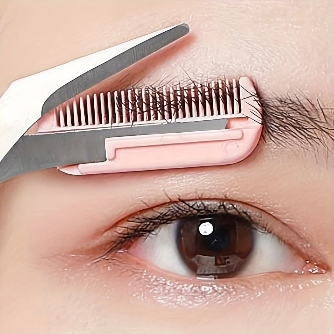 Pink eyebrow trimming scissors with built-in comb - stainless steel, precise grooming tool, creating perfect eyebrows.
