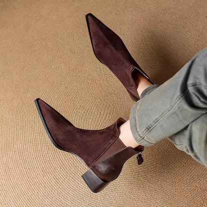 Autumn Winter Women Thick Heel Ankle Boots Elegant Back Zippers Shoes Modern Leather Suede Splicing Short Botas Para Mujer.