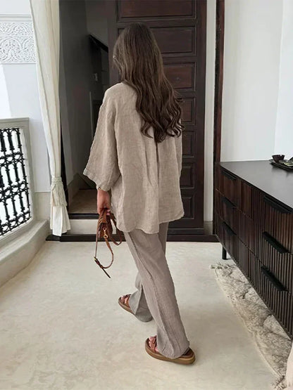 Women Vintage Solid Loose Pants Suit Lapel Single Breasted Long Sleeve Shirt Wide Leg Pants 2 Pcs Set 2025 New Ladies Streetwear.