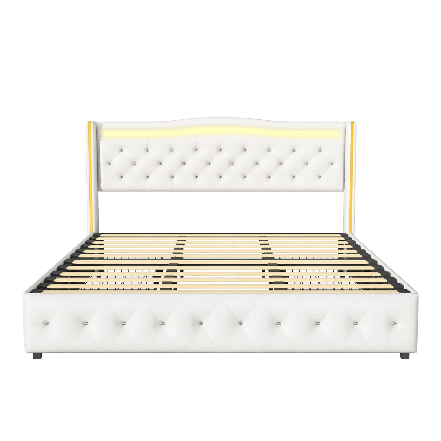 Rosahqnda Modernes Doppelbettgestell aus weißem PU-Leder, vergoldetes Kopfteil mit vier Schubladen ohne Matratze