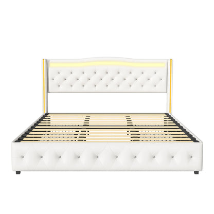 Rosahqnda Modernes Doppelbettgestell aus weißem PU-Leder, vergoldetes Kopfteil mit vier Schubladen ohne Matratze