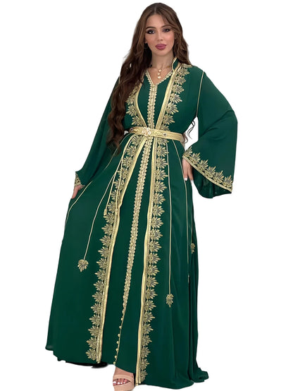Eid muslimische Frauen Party Stickerei Kleider 2 Stück Set Jalabiya Ramadan Islam Vestidos arabische Robe Marokko Dubai Abayas Kaftan.