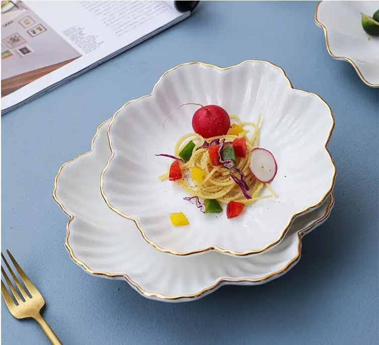 European Golden edged ceramic plate creative home serving plate special-shaped ceramic cutlery dinner plates fruit snack plates.