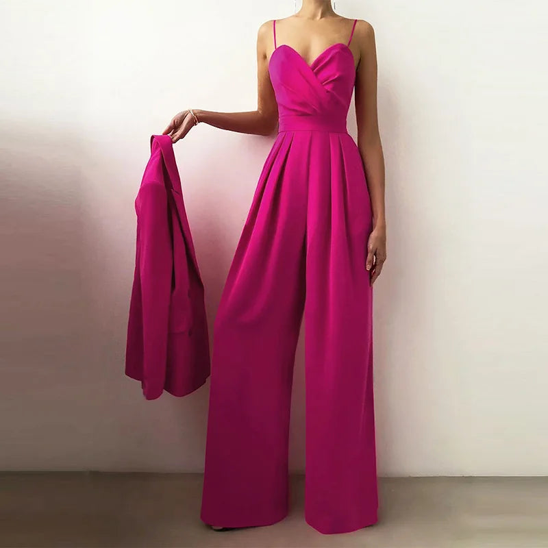 New Spaghetti Strap Slim High Waist Jumpsuits Fashion Ladies Solid Color Office Wide Leg Rompers Elegant Pleated Simple Playsuit.
