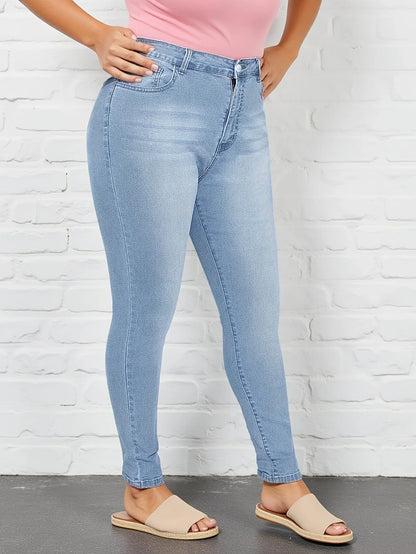 Classic Elastic Slim Fit Denim Jeans Mid Waist Cotton Blue Jeans Women's plus Size Jeans Fashionable Versatile Light Blue.