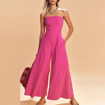High Street Commute Wide Leg Rompers Sexy Tube Top High Waist Pocket Jumpsuits Elegant Lady Summer Sleeveless Playsuits Overalls.