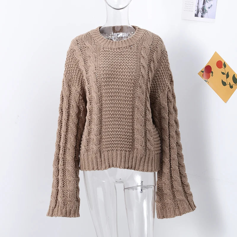 Casual Twists Stricken Oversize-Pullover Frauen Oansatz Lange Flare Hülse Lose Solide Pullover 2025, Herbst Winter Vintage Pullover.