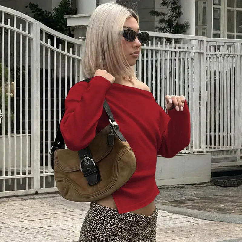 Women Casual Top Fashion Slim Slit Long Sleeve Pullover Top Sexy Strapless Pleated New Party Looks Top Female Streetwear.