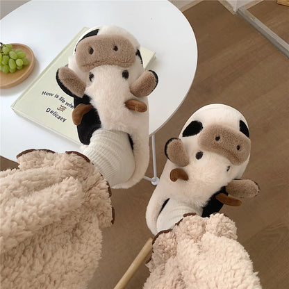 Shevalues Plush Cartoon Milk Cow Slippers Winter Women Slippers Furry Non-Slips Women Cotton Slides Couples Soft Cozy Flat Shoes
