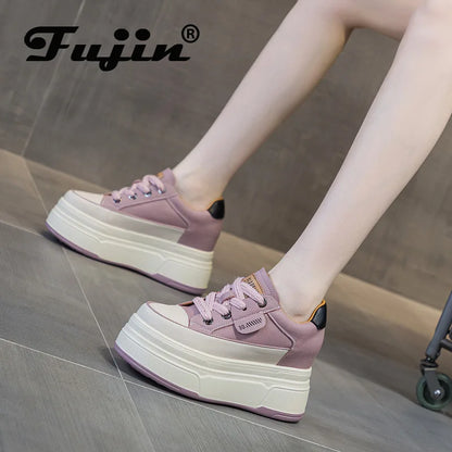 Fujin 9cm Cow Suede Genuine Leather Women Vulcanized Shoes Platform Wedge Skate Boarding High Brand Heels Casual Summer Shoes.