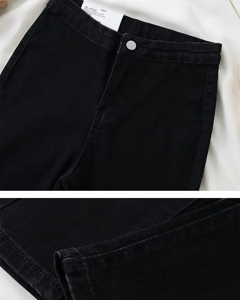 High Waist Slim Fit Stretchy Denim Pants Retro Butt Enhancing Cuff Jeans Black Pencil Pants Fashionable Elastic Trousers.