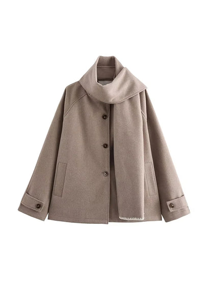 Women Fashion Brown Scarf Coat Jacket Loose Long Sleeve Single Breasted Pocket Jacket Fall/Winter Casual Wool Blend Jacket