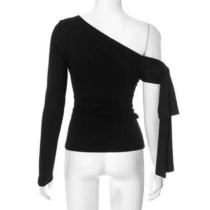 Y24TP610 Women's Autumn New Solid Color Crossbody Single Shoulder Top Sexy Asymmetric Single Sleeve T-Shirt From China.