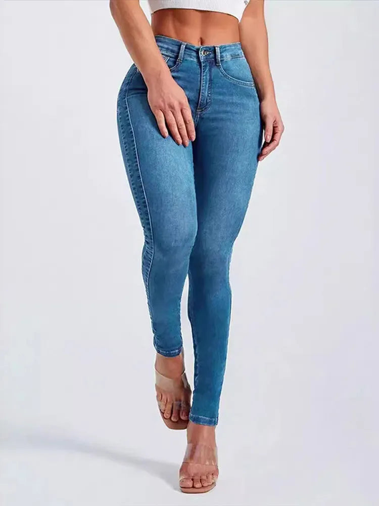 Street Slim Women's Blue Pencil Denim Pants Women Zipper Pockets Lady Jeans 2025 Autumn Lady Casual Street Trouser.