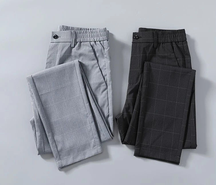 Male Suit Trousers Check Cooling Ice Silk Plaid Straight Up Clothes Offer Slacks Designer Men's Summer Pants Fabric 2025 Classic.