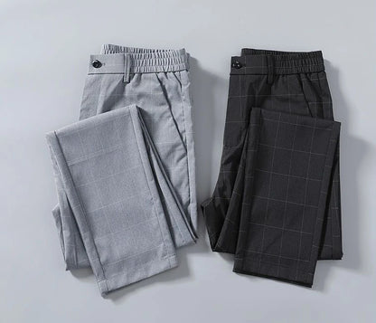 Male Suit Trousers Check Cooling Ice Silk Plaid Straight Up Clothes Offer Slacks Designer Men's Summer Pants Fabric 2025 Classic.