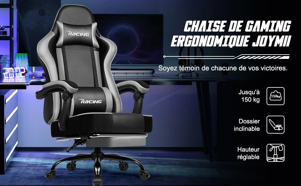 Daccormax Ergonomischer Gaming-Stuhl mit Fußstütze, Liegestuhl 170 ° , Rennstuhl aus PU-Leder mit Lordosenstütze und Kopfstütze