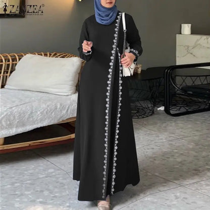 ZANZEA Autumn Women Long Sleeve O Neck Muslim Maxi Dress Kaftan Elegant Lace Crochet Loose Turkey Abaya Vestidos Islamic Dresses.