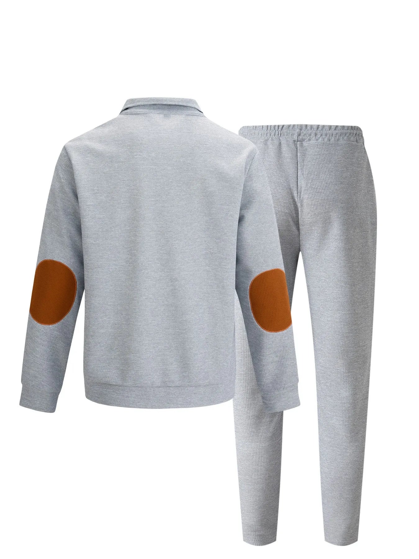 Men's new autumn style American stand-up collar button elbow patch color-block long-sleeve hoodie and pants set.
