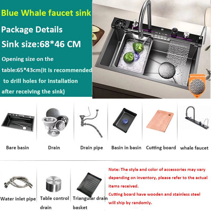 Blue Whale Arowana Multifunctional Kitchen Sink Single Bowl Nano Black Honeycomb LED Digital Display Stainless Steel for Home