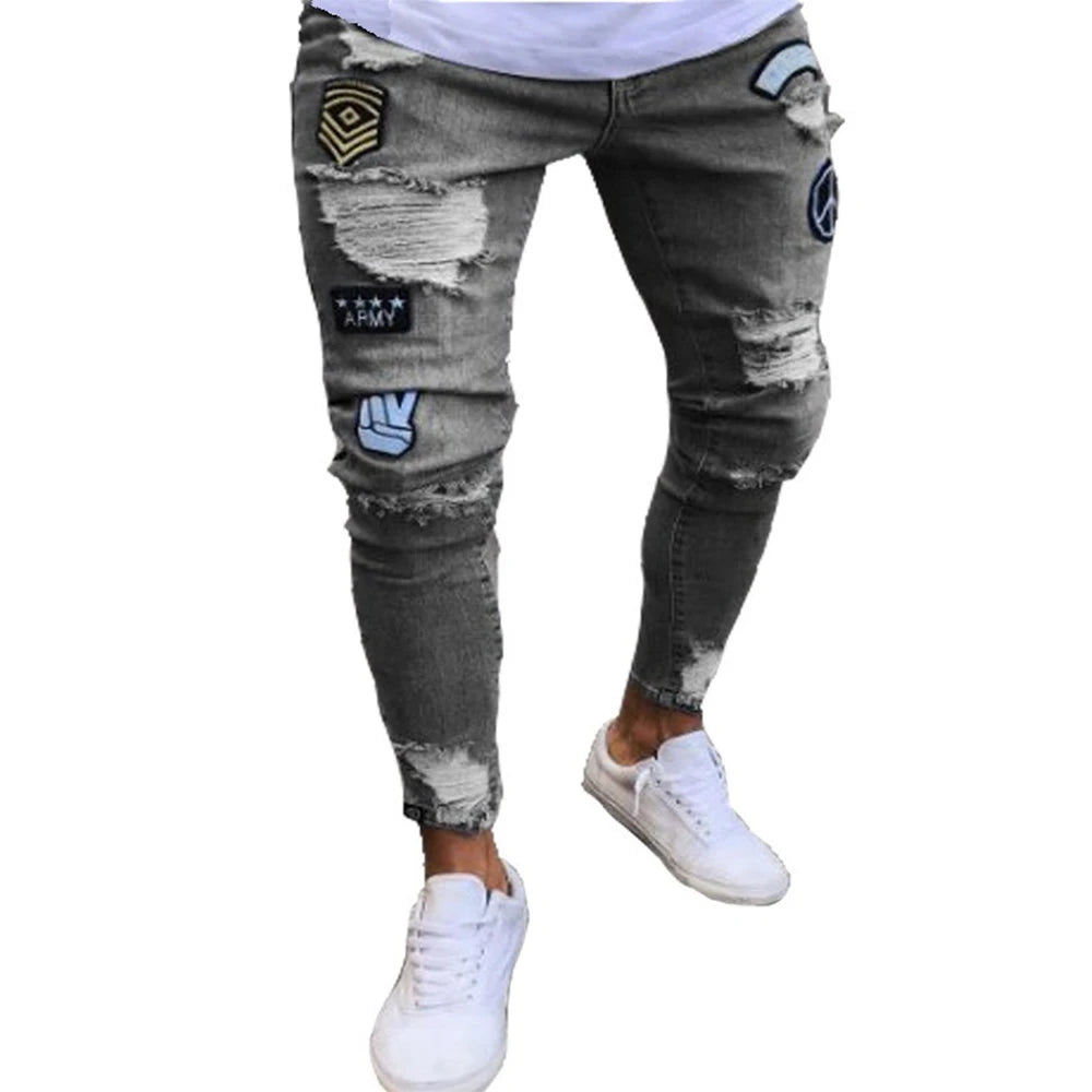 White Embroidery Skinny Ripped Jeans Men Cotton Stretchy Hole Slim Fit Hip Hop Denim Pants Casual Jeans for Men Jogging Trousers.