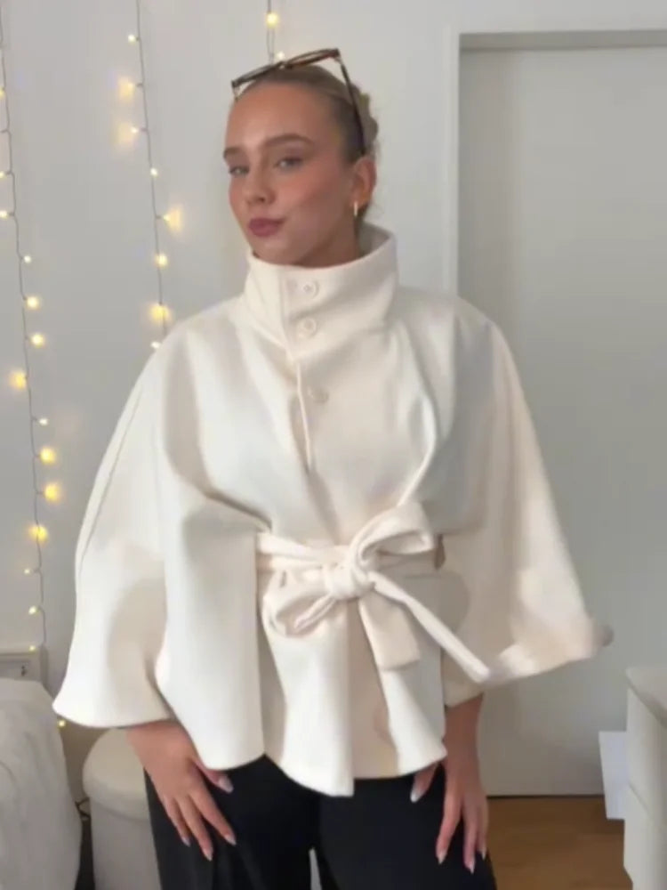 Damen-Jacke aus Wolle mit weißem Bund, elegant, langärmelig, Stehkragen, einreihig, Oberbekleidung, 2025, neuer Straßen-Outdoor-Mantel.