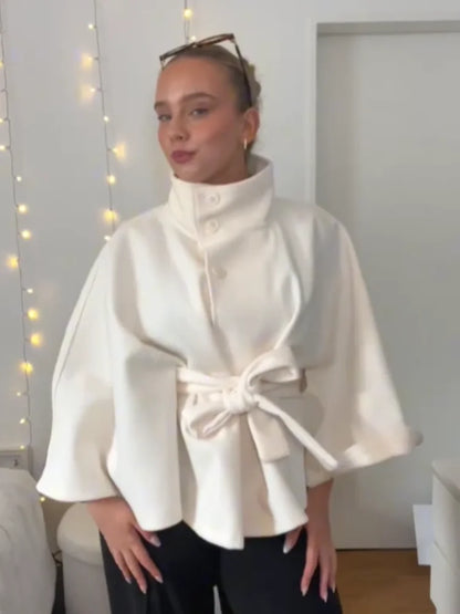 Damen-Jacke aus Wolle mit weißem Bund, elegant, langärmelig, Stehkragen, einreihig, Oberbekleidung, 2025, neuer Straßen-Outdoor-Mantel.