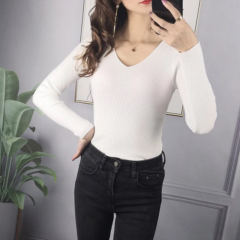 2026 herbst Winter Frauen Solide Rippen Stricken V-ausschnitt Streifen Pull Pullover Femme Y2k Langarm Pullover Jersey Tops Mode Kleidung.