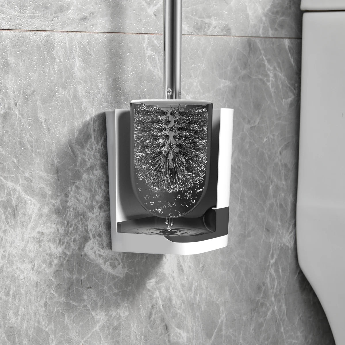 WORTHBUY Wandmontierte Toilettenbürste aus Kunststoff mit langem Griff und Halter, stanzfreie WC-Toilettenreinigungsbürste, Badezimmerzubehör
