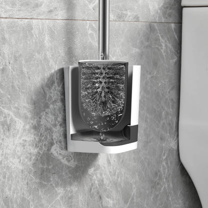 WORTHBUY Wandmontierte Toilettenbürste aus Kunststoff mit langem Griff und Halter, stanzfreie WC-Toilettenreinigungsbürste, Badezimmerzubehör