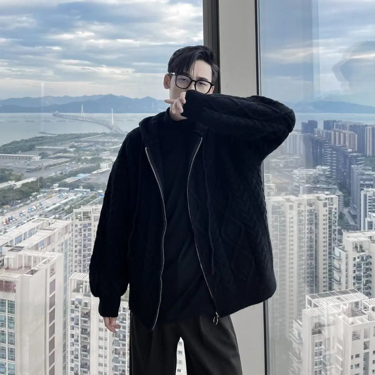 Men's Fashionable Simple Zip-Up Knit Cardigan with Hood - Korean Style Twisted Texture Warm Outerwear for Autumn & Winter.