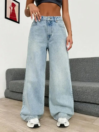 Retro High Waist Commuter Light Color INS Straight Leg Slimming Versatile Wide Leg Floor Length Pants Jeans.