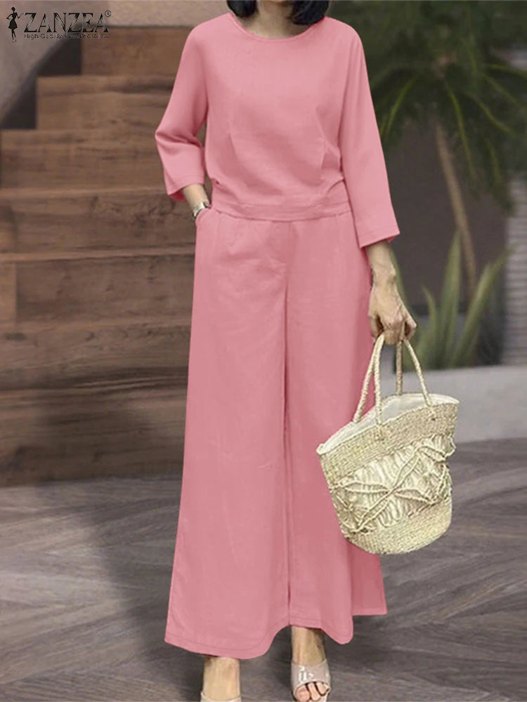 ZANZEA 2025 Women Autumn Matching Sets Solid Outfits Vintage Casual O Neck Long Sleeve Tops Pant Sets Fashion OL Work Tracksuit.