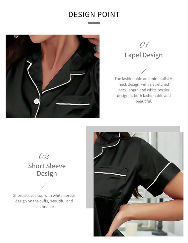 Sommer-Pyjama-Set aus Seidensatin für Damen, Oberteil und Shorts mit Knopfleiste, 2-teilig, Nachtwäsche, gekerbter Kragen, Nachtwäsche, Loungewear für Damen