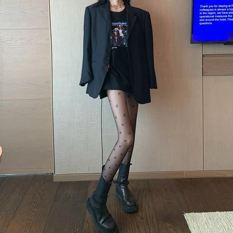 Black Polka Dot Butterfly Knot Tights Ultra Thin Women's Stockings Prevent Snagging Sexy Silk Pantyhose Spring Summer.