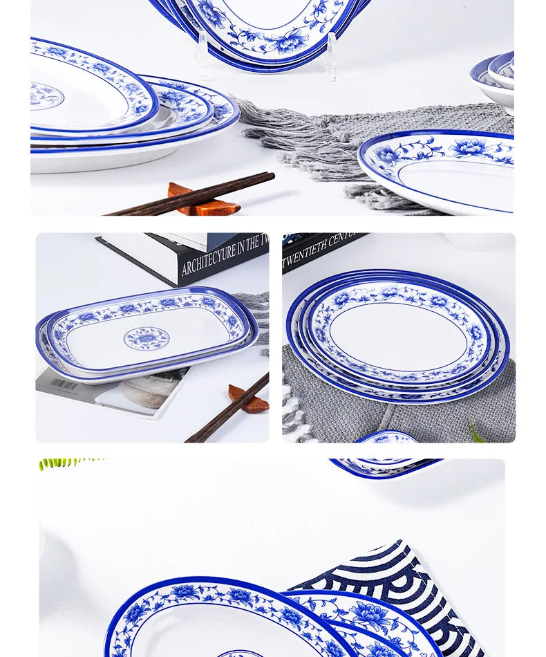Melamine Chinese Style Blue and White Porcelain Tableware Creative Oval Dinner Plate.