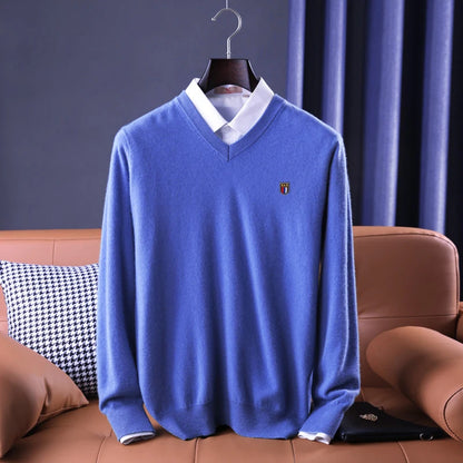 Soft Warm Pullover Cashmere Sweater Men's V Neck Thickened Classic Tops Autumn Winter New  Casual Solid Color Knitted Pullover.