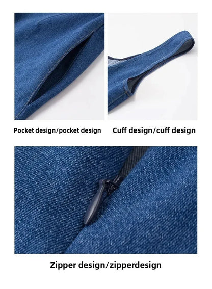 Blue Mist Love Französisches Jeanskleid für Damen, Sommer, einzigartiges Design, Taille, Cinching-Riemen, langes Kleid, elegante blaue Polyesterfaser.