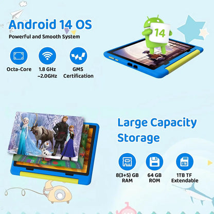 URAO 10 Inch Cartoon Pattern Kids Tablet Android Octa-Core 8GB RAM 64GB ROM Learning Education Games Tablets Children's Gifts.