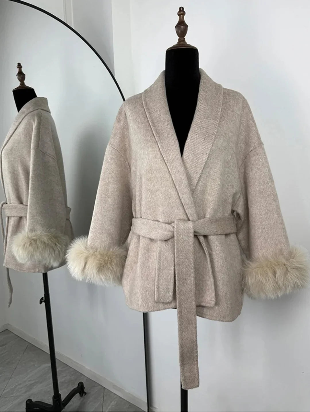 2025 Chic Lapel Plush Coat With Belt Women Vintage Faux Fur Sleeve Tweed Open Coats Female Autumn Winter Casual Street Outwear
