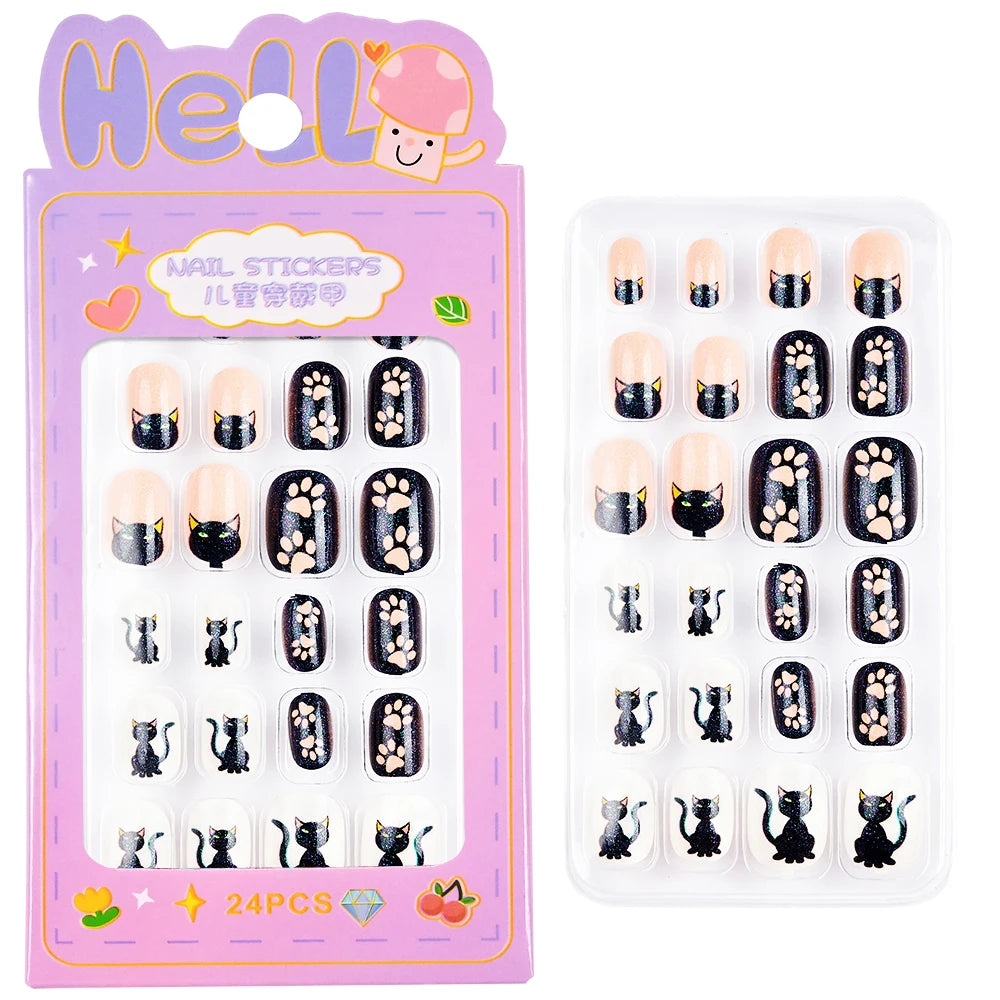 24Pcs/box Kids nails for Girl Cartoon Pattern False Nail Cute Child Fake Nails Tips Kawaii Acrylic Artificial Press on Nail+Tool