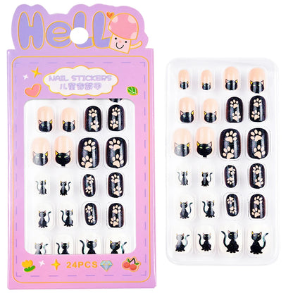 24Pcs/box Kids nails for Girl Cartoon Pattern False Nail Cute Child Fake Nails Tips Kawaii Acrylic Artificial Press on Nail+Tool